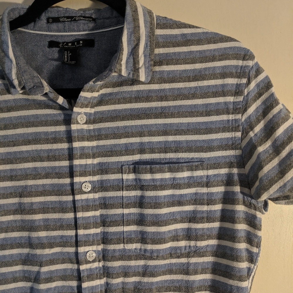 Blue, grey and white striped button up